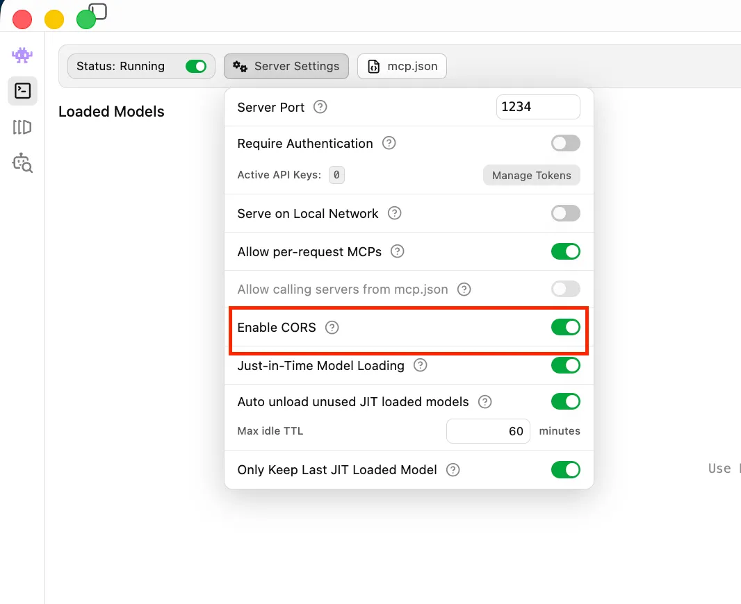 LM Studio Server Settings with the Enable CORS switch turned on